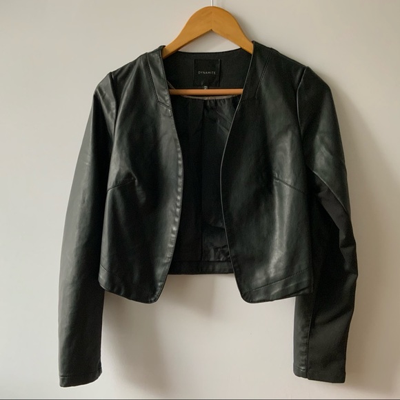 DYNAMITE Black Open Front Faux Leather Jacket